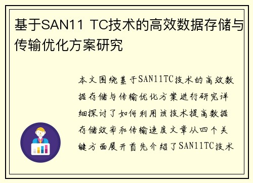 基于SAN11 TC技术的高效数据存储与传输优化方案研究